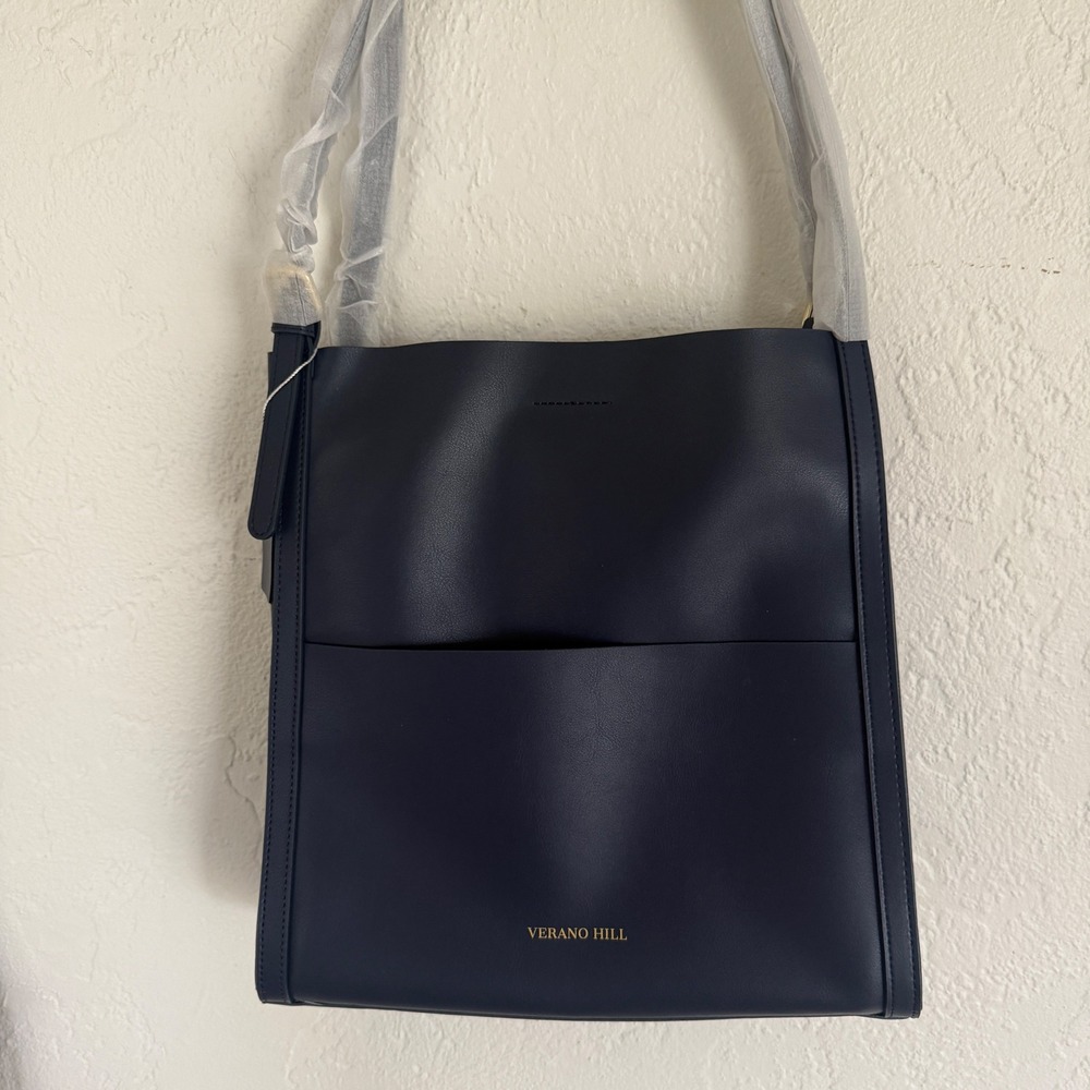 Verano Hill Navy Blue Genuine Leather Large Structured Tote Bag Shoulder Bag NEW